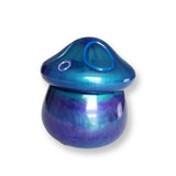 Handcrafted blue and purple resin mushroom jar with mushroom-shaped lid by Blue Bourbon Designs