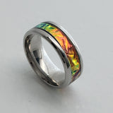 dichroic resin ring with orange, red, and yellow color-shifting effect