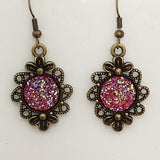 Brass flower earrings with 12mm druzy cabochon center on brass hooks