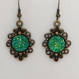 Brass flower earrings with 12mm druzy cabochon center on brass hooks