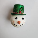 Handcrafted snowman ornament with snowy texture and glitter hat by Blue Bourbon Designs