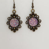 Brass flower earrings with 12mm druzy cabochon center on brass hooks