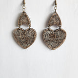 Laser cut wood heart earrings with mandala engraved pattern and brass hooks