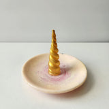 Handmade pink and gold resin unicorn horn jewelry dish by Blue Bourbon Designs