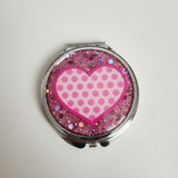 Handmade pink glitter heart resin compact mirror by Blue Bourbon Designs