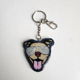 Hand-painted resin pittie keychain with ‘Show Me Your Pitties’ sunglasses