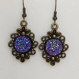 Brass flower earrings with 12mm druzy cabochon center on brass hooks