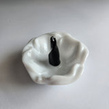 Handmade white and black resin hibiscus flower ring holder by Blue Bourbon Designs