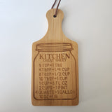 Laser engraved wooden Kitchen Conversion mini charcuterie board by Blue Bourbon Designs.