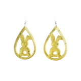 Translucent resin teardrop rabbit dangle earrings with colorful glitter on stainless steel hooks.