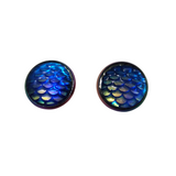 Round mermaid scale and dragon scale stud earrings on rainbow stainless steel posts