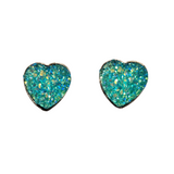 Handmade druzy heart earrings on stainless steel posts in multiple colors