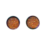 Druzy rainbow stud earrings with sparkly druzy cabochons on rainbow stainless steel posts