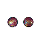 Round mermaid scale and dragon scale stud earrings on rainbow stainless steel posts