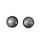 Round mermaid scale and dragon scale stud earrings on rainbow stainless steel posts