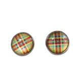 Colorful plaid cabochon stud earrings with hypoallergenic steel posts